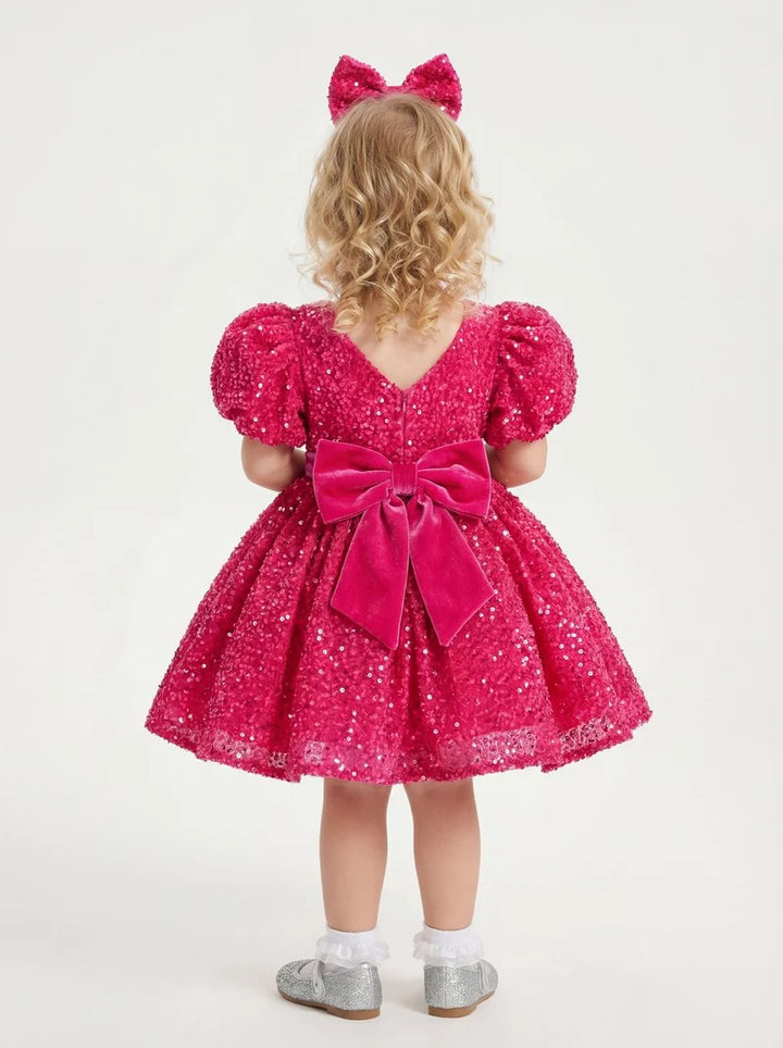TinyTulle Hot Pink Sequin Puff Sleeve Flower Girl Dress with Velvet Bow for Birthday &amp; Pageant
