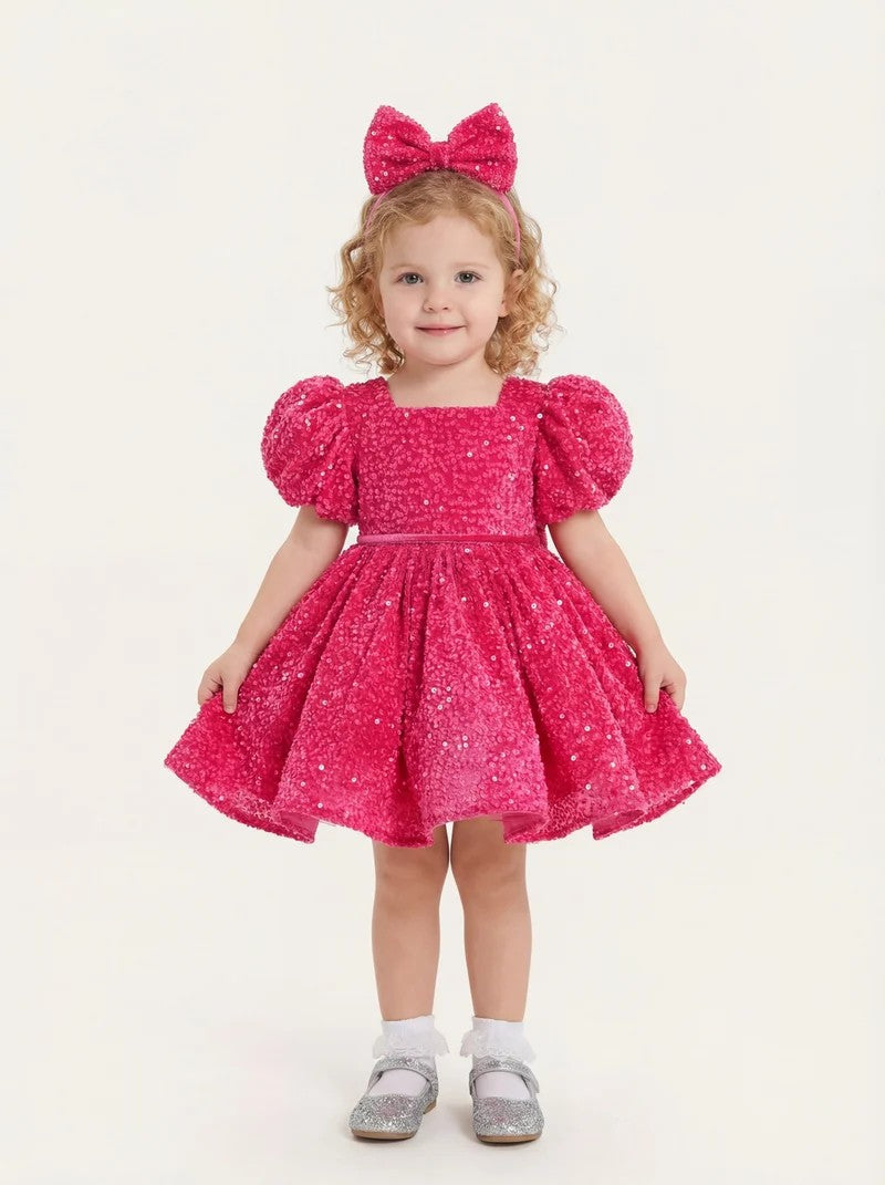 TinyTulle Hot Pink Sequin Puff Sleeve Flower Girl Dress with Velvet Bow for Birthday &amp; Pageant