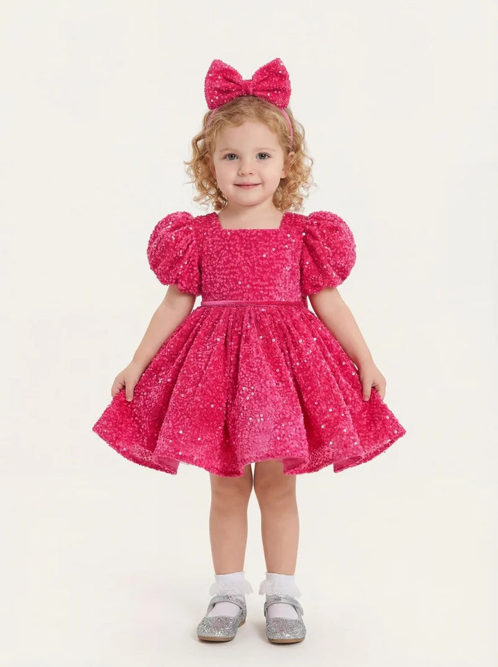 TinyTulle Hot Pink Sequin Puff Sleeve Flower Girl Dress with Velvet Bow for Birthday &amp; Pageant