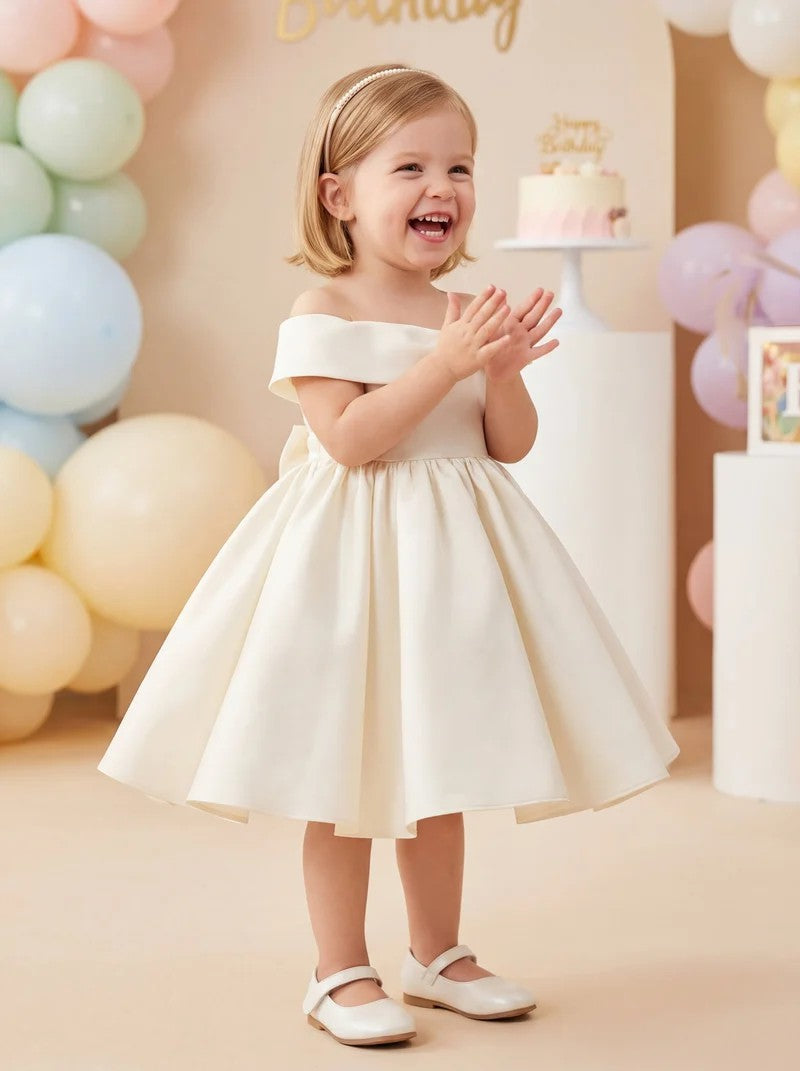 TinyTulle Elegant Ivory Satin Baby Girl Dress with Bow Collar for Christening &amp; First Birthday