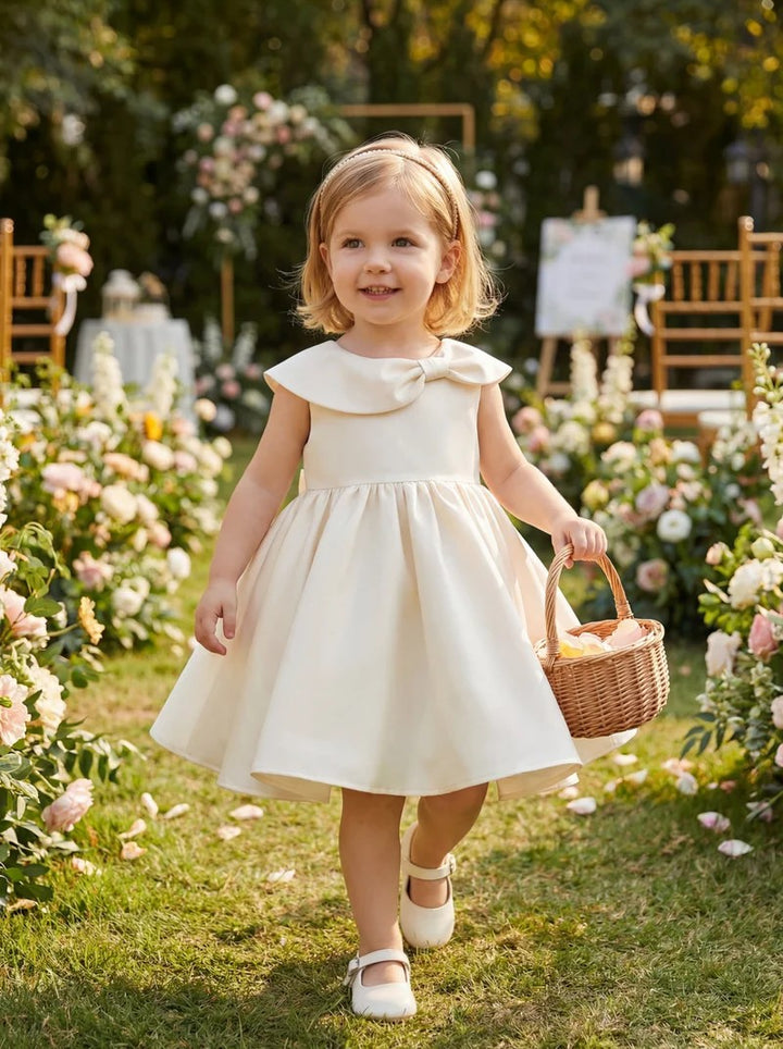 TinyTulle Elegant Ivory Satin Baby Girl Dress with Bow Collar for Christening &amp; First Birthday