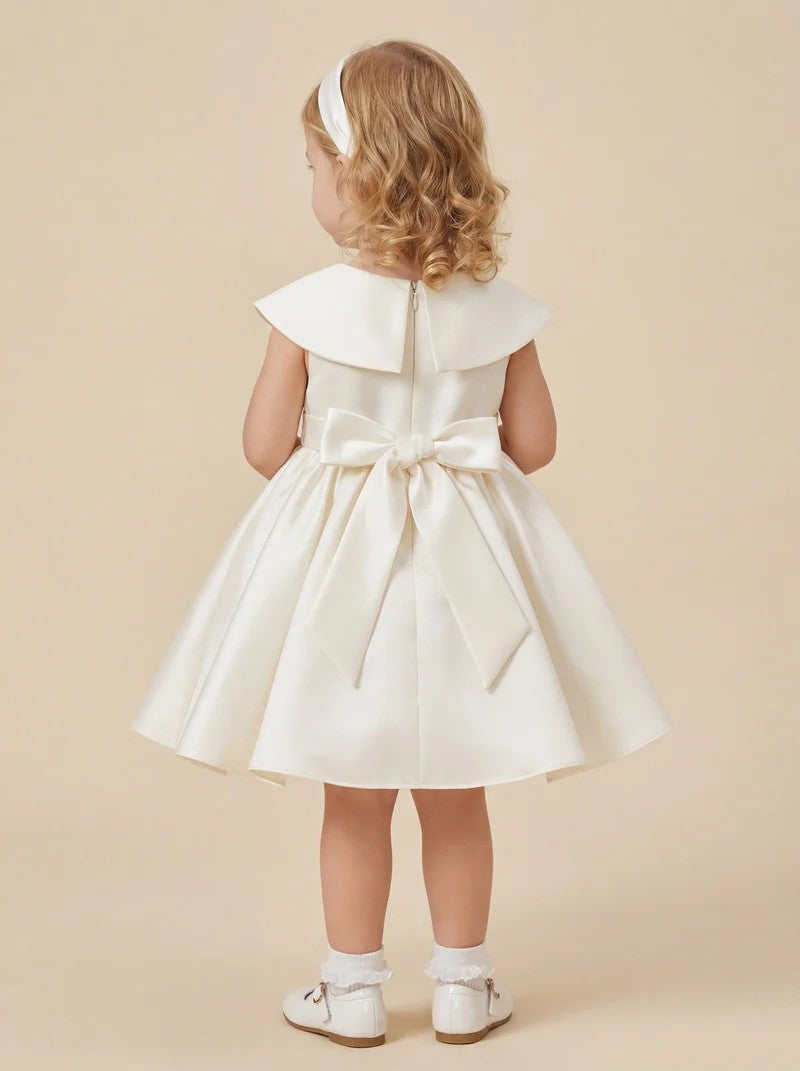 TinyTulle Elegant Ivory Satin Baby Girl Dress with Bow Collar for Christening &amp; First Birthday