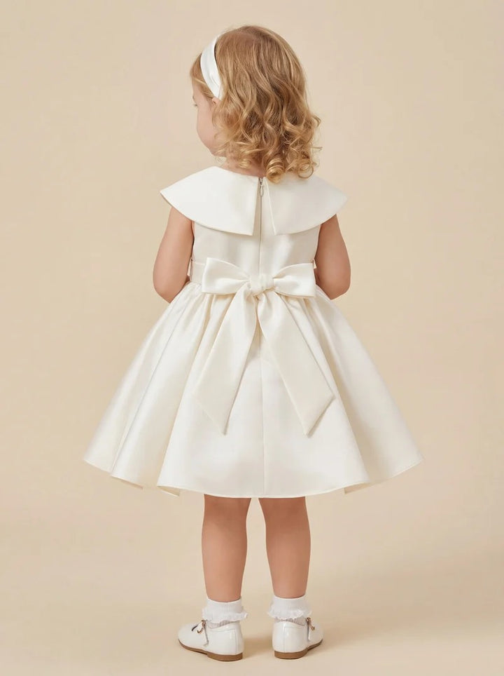 TinyTulle Elegant Ivory Satin Baby Girl Dress with Bow Collar for Christening &amp; First Birthday