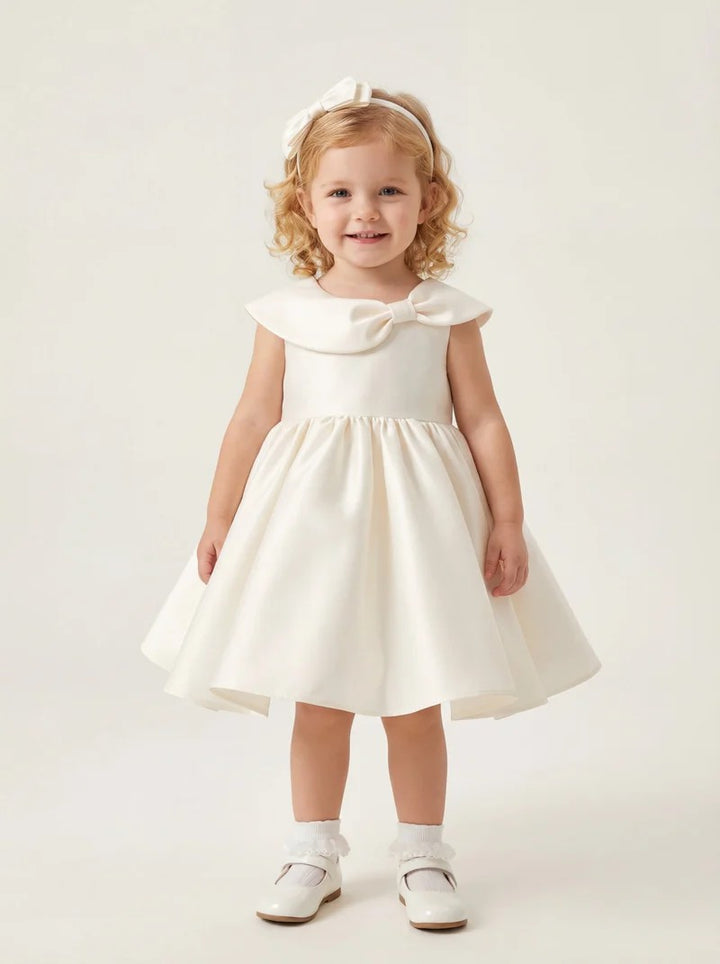 TinyTulle Elegant Ivory Satin Baby Girl Dress with Bow Collar for Christening &amp; First Birthday