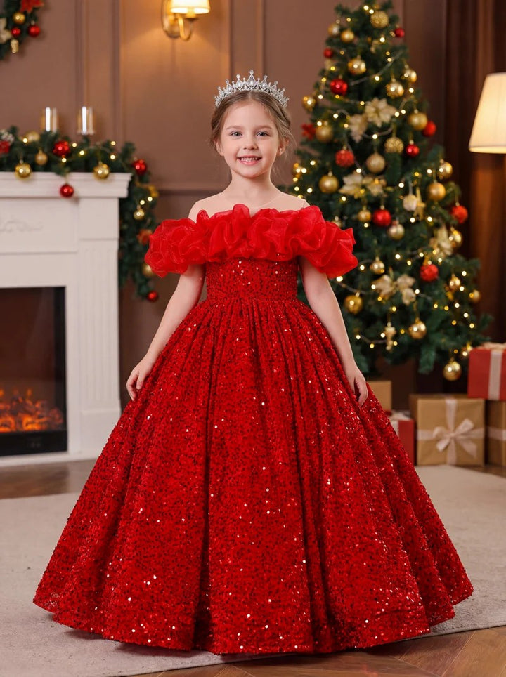 TinyTulle Red Sequin Ruffled Off-Shoulder Ball Gown for Pageants &amp; Holiday Parties