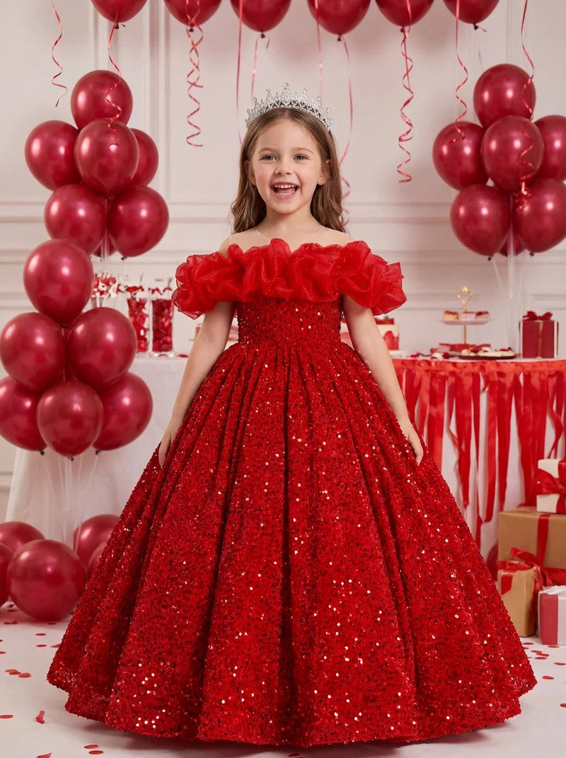TinyTulle Red Sequin Ruffled Off-Shoulder Ball Gown for Pageants &amp; Holiday Parties