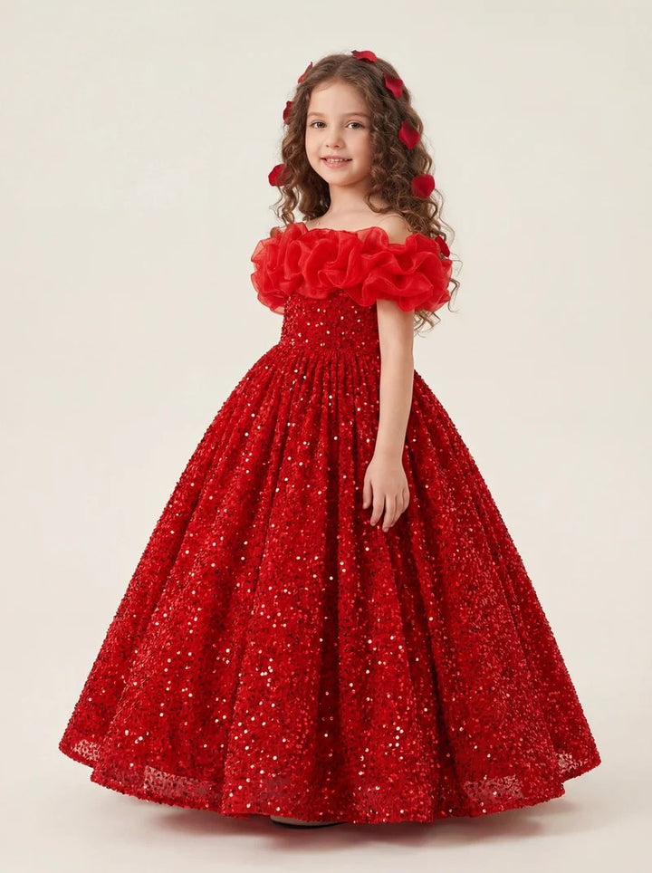 TinyTulle Red Sequin Ruffled Off-Shoulder Ball Gown for Pageants &amp; Holiday Parties
