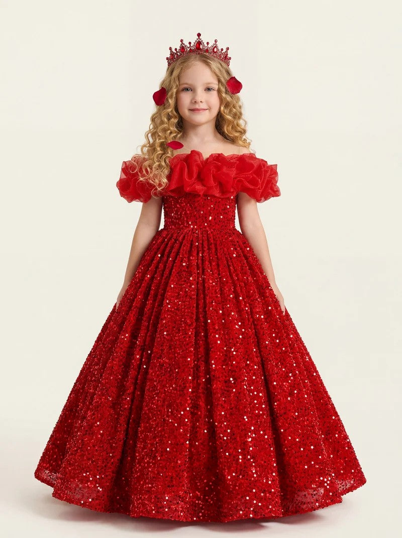 TinyTulle Red Sequin Ruffled Off-Shoulder Ball Gown for Pageants &amp; Holiday Parties