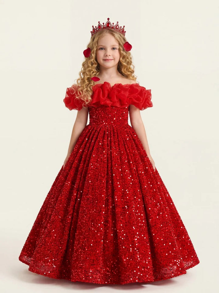 TinyTulle Red Sequin Ruffled Off-Shoulder Ball Gown for Pageants &amp; Holiday Parties