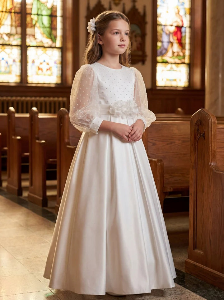 TinyTulle Elegant White Satin Dress with Long Illusion Sleeves for First Communion &amp; Weddings