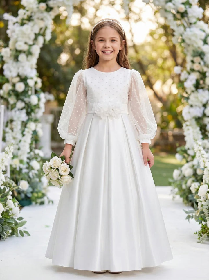 TinyTulle Elegant White Satin Dress with Long Illusion Sleeves for First Communion &amp; Weddings