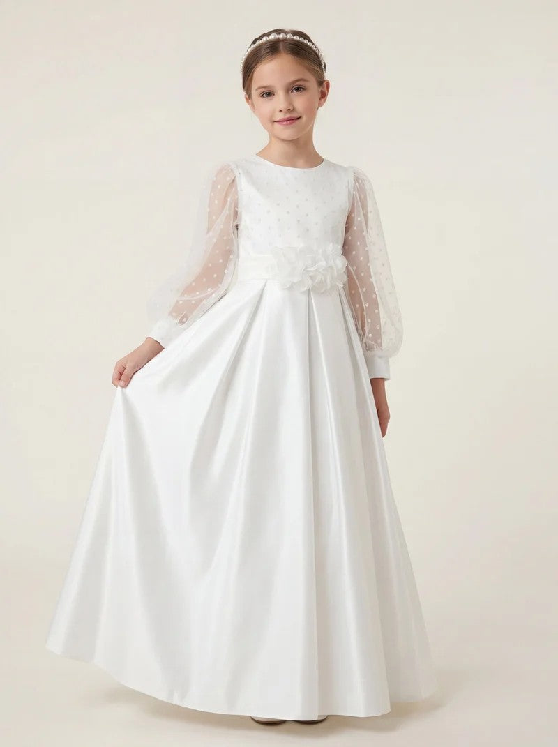 TinyTulle Elegant White Satin Dress with Long Illusion Sleeves for First Communion &amp; Weddings