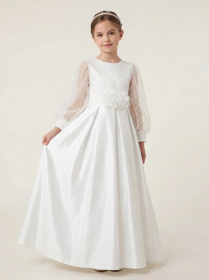 TinyTulle Elegant White Satin Dress with Long Illusion Sleeves for First Communion &amp; Weddings