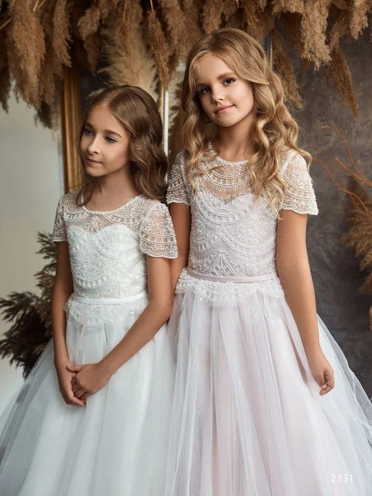 TinyTulle Elegant White Lace Tulle Long First Communion Flower Girl Dress