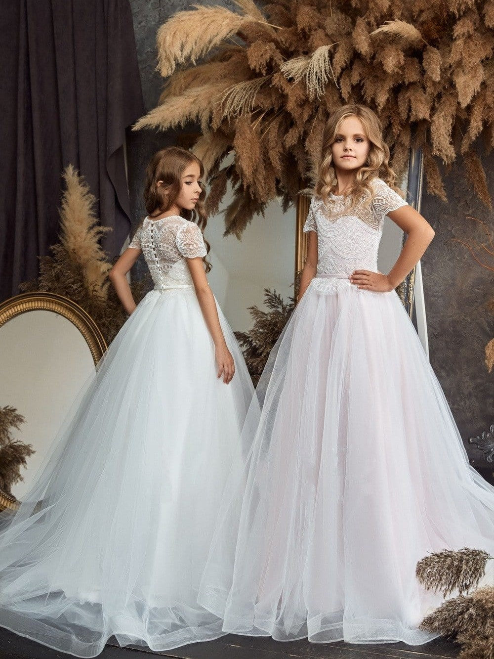 TinyTulle Elegant White Lace Tulle Long First Communion Flower Girl Dress