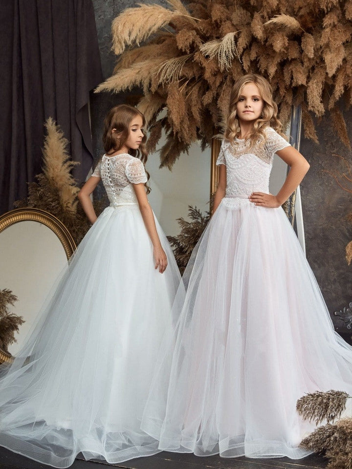 TinyTulle Elegant White Lace Tulle Long First Communion Flower Girl Dress