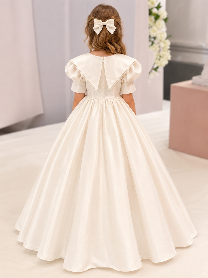 TinyTulle Vintage Ivory Satin Flower Girl Dress with Puff Sleeves &amp; Lace-Trimmed Collar