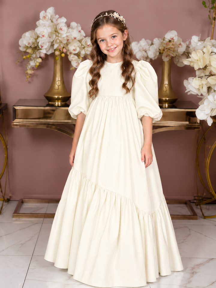 TinyTulle Mint Green Puff Sleeve Satin Flower Girl Dress with Oversized Bow
