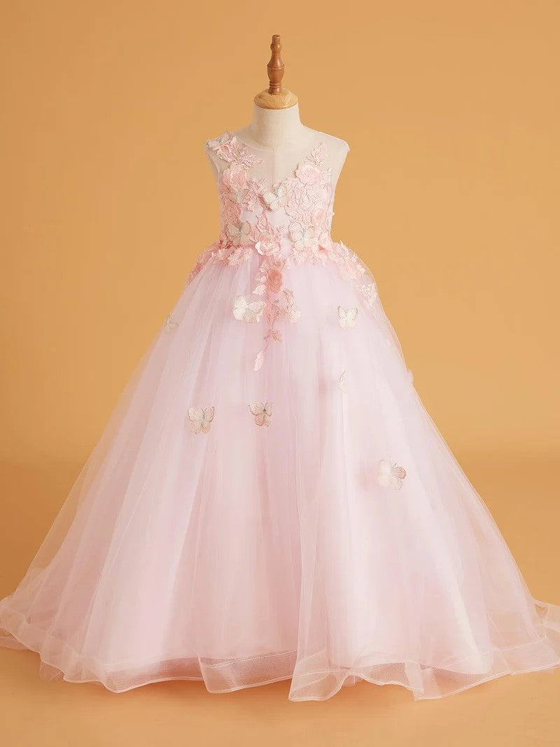 TinyTulle Dreamy Light Pink Tulle Ball Gown with 3D Butterfly Appliques