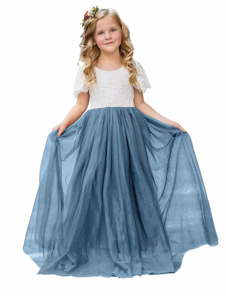 TinyTulle Elegant White Lace A-Line Long Tulle Flower Girl Dress