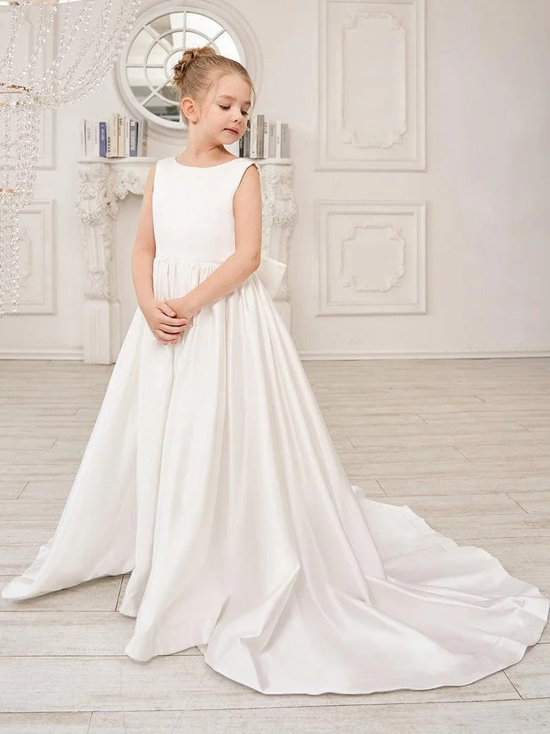 TinyTulle Elegant Ivory Satin A-Line Gown with Deep V-Back &amp; Oversized Bow