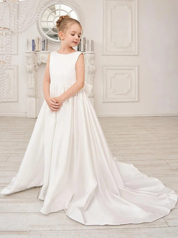 TinyTulle Elegant Ivory Satin A-Line Gown with Deep V-Back &amp; Oversized Bow