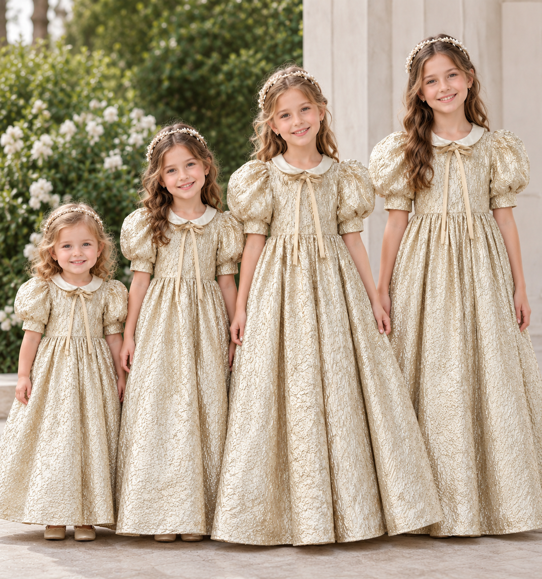 Elegant Champagne Gold Brocade Flower Girl Dress with Puff Sleeves and a Full Ball Gown Skirt