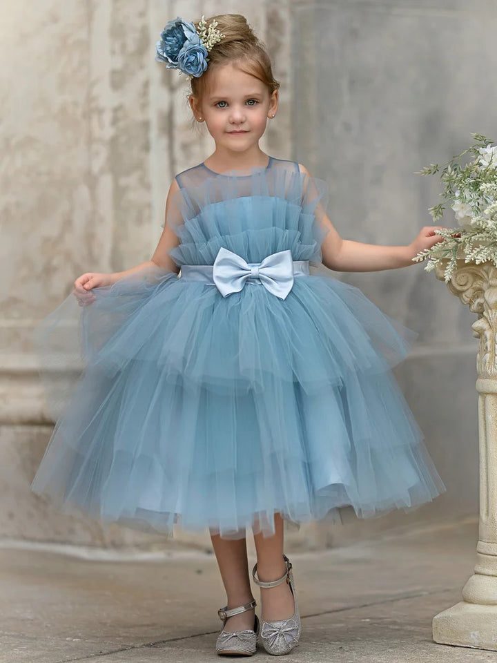 TinyTulle Dusty Blue Tulle Ankle-Length Flower Girl Dress with Bow