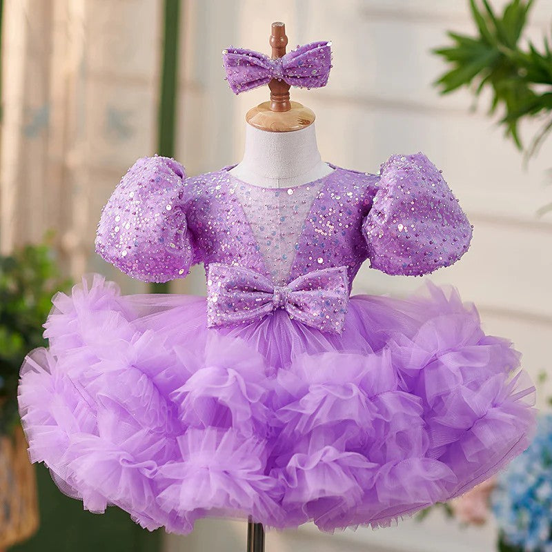 TinyTulle Puff Sleeves Sequin Tulle Ball Gown Baby Girl Dress