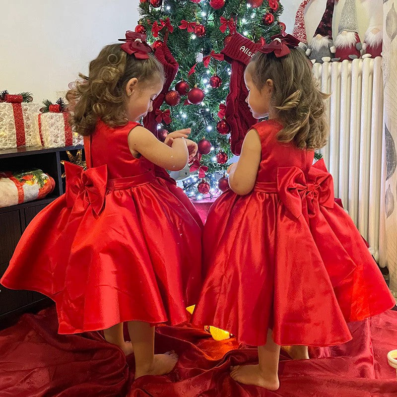 TinyTulle Red Satin A-Line Flower Girl Dress Birthday Dress with Bow &amp; Beaded Detail