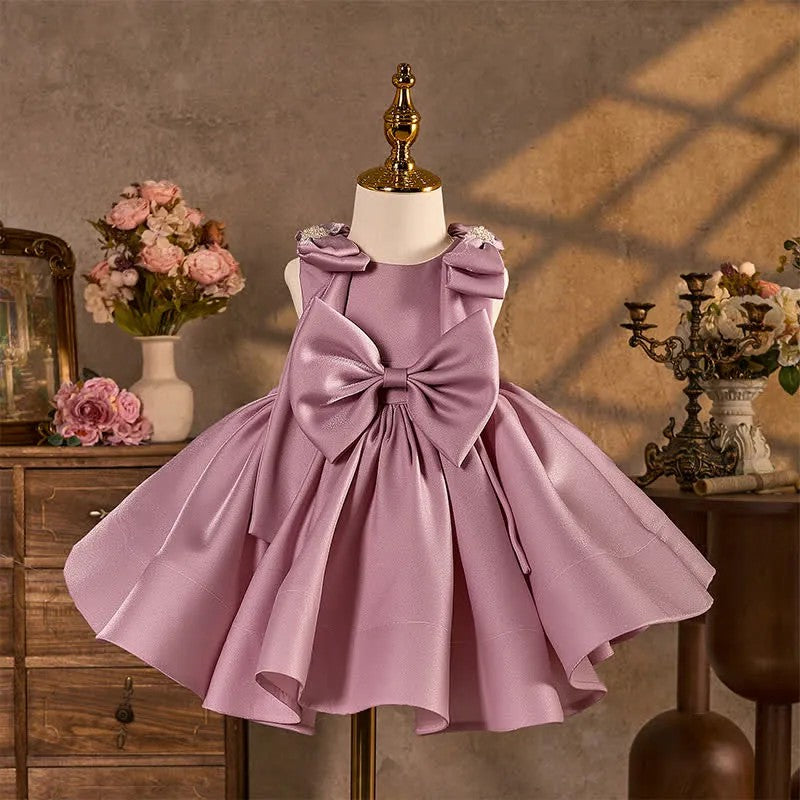 TinyTulle Elegant Pink Satin Flower Girl Dress with Pearl Details &amp; Shoulder Bow Accents