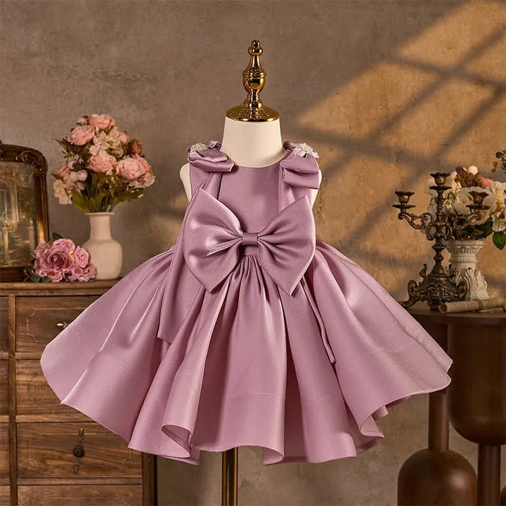 TinyTulle Elegant Pink Satin Flower Girl Dress with Pearl Details &amp; Shoulder Bow Accents