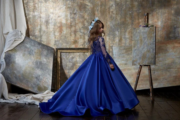 TinyTulle Royal Blue Lace Long Sleeve Satin Flower Girl Dress with Beaded