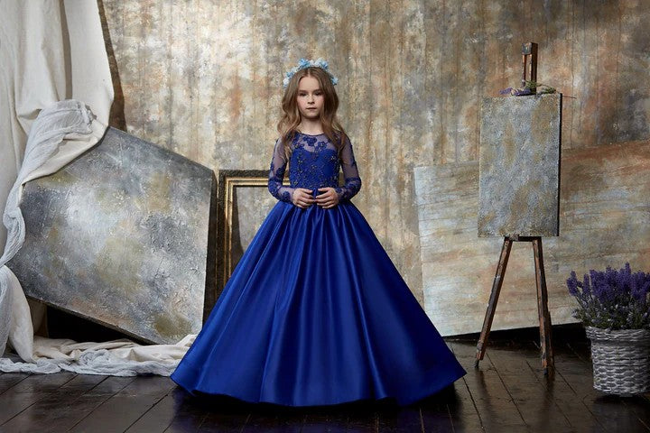 TinyTulle Royal Blue Lace Long Sleeve Satin Flower Girl Dress with Beaded