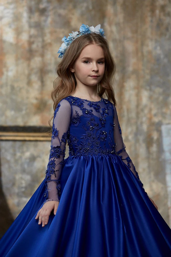 TinyTulle Royal Blue Lace Long Sleeve Satin Flower Girl Dress with Beaded