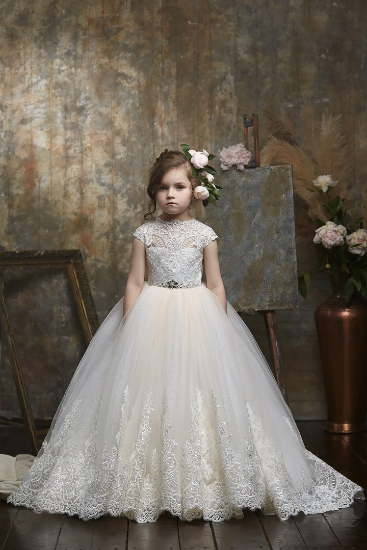 TinyTulle Elegant Lace High Neck Flower Girl Ball Gown for Weddings and Special Occasions