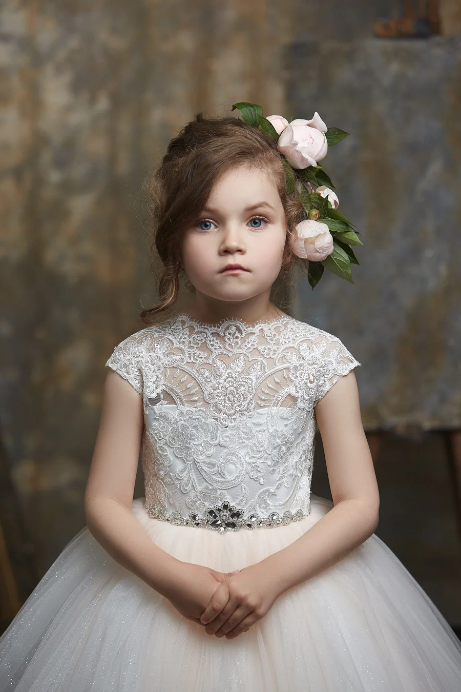 TinyTulle Elegant Lace High Neck Flower Girl Ball Gown for Weddings and Special Occasions