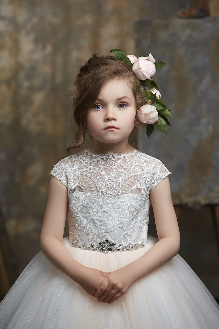 TinyTulle Elegant Lace High Neck Flower Girl Ball Gown for Weddings and Special Occasions