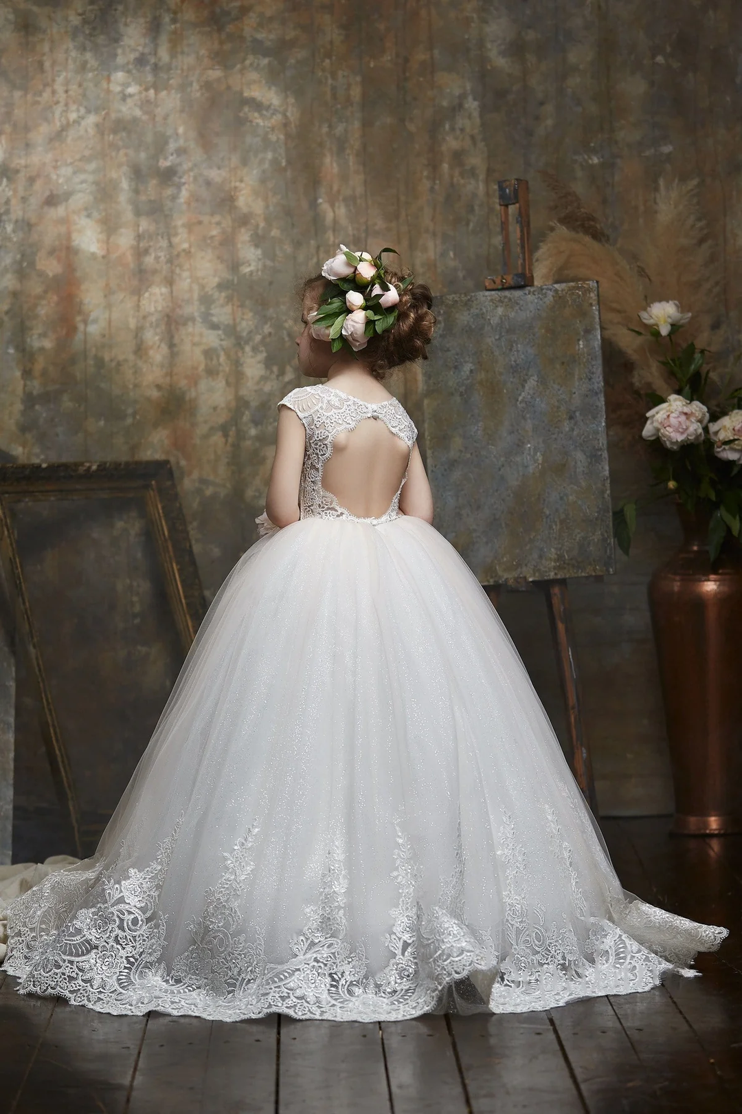 TinyTulle Elegant Lace High Neck Flower Girl Ball Gown for Weddings and Special Occasions