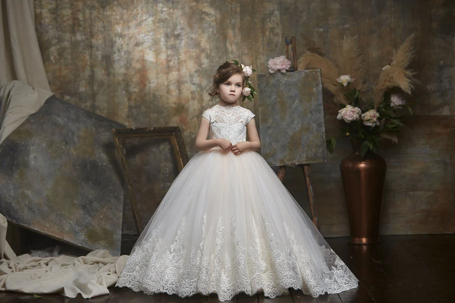 TinyTulle Elegant Lace High Neck Flower Girl Ball Gown for Weddings and Special Occasions