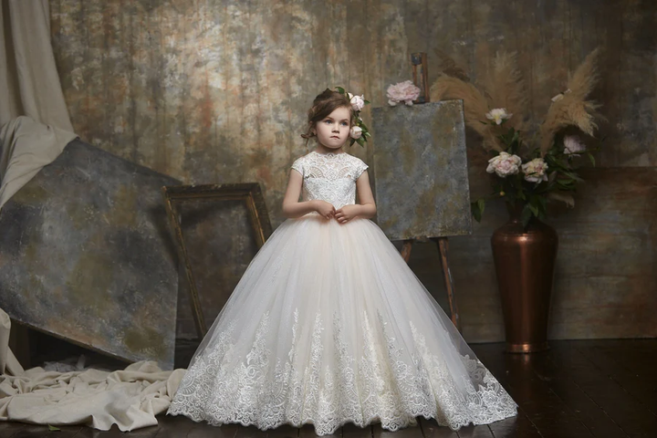 TinyTulle Elegant Lace High Neck Flower Girl Ball Gown for Weddings and Special Occasions