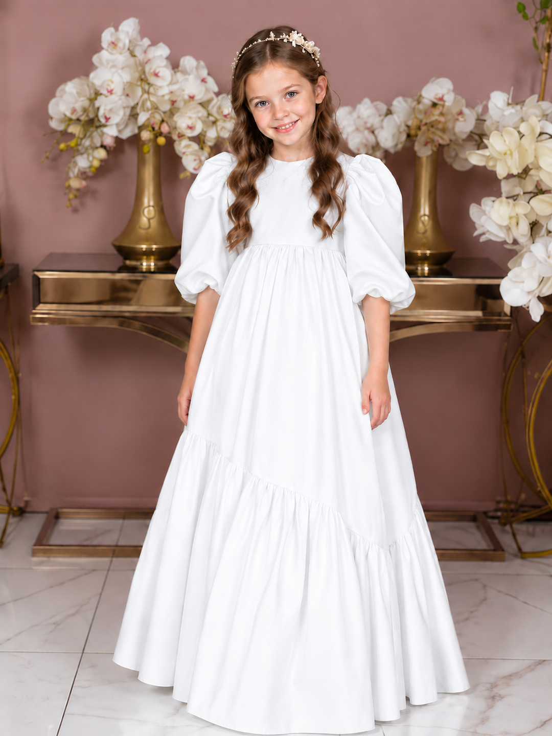 TinyTulle Mint Green Puff Sleeve Satin Flower Girl Dress with Oversized Bow