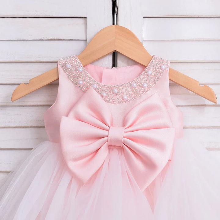 TinyTulle Pink Satin Bow White Tulle Flower Girl Dress with Beaded Details