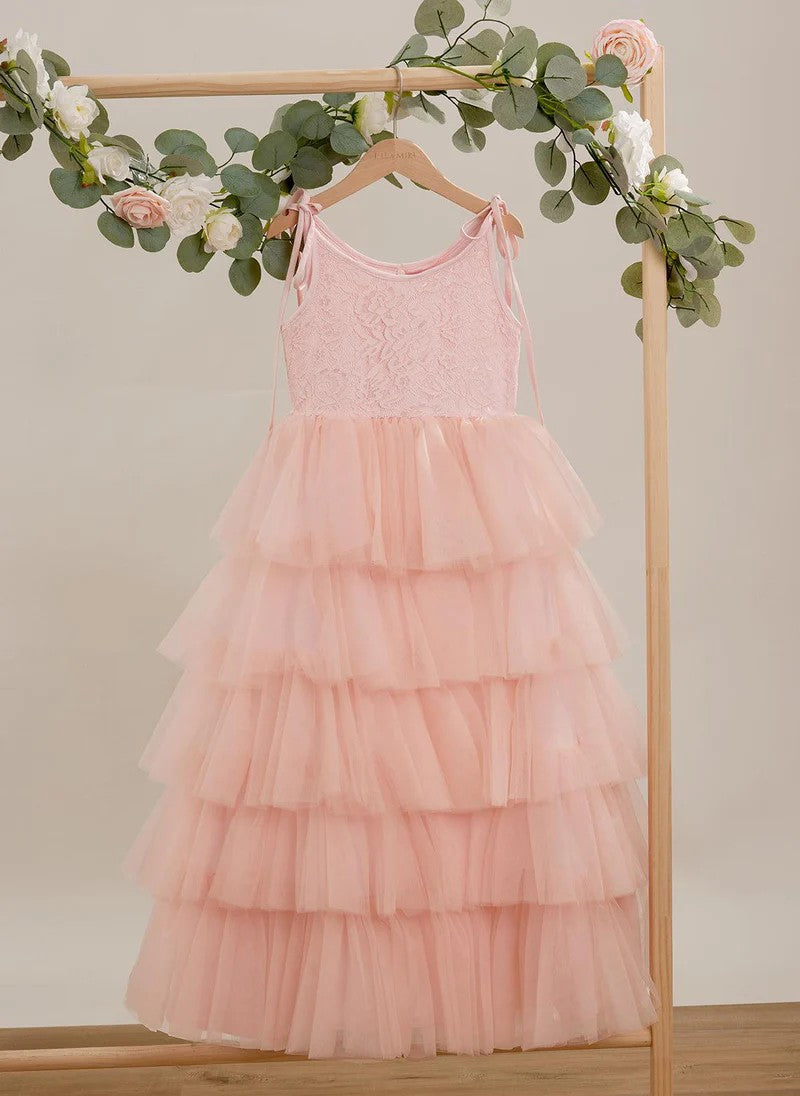 TinyTulle Pink Lace Sleeveless Layered Tulle Flower Girl Dress