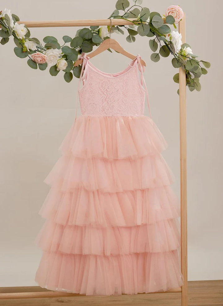 TinyTulle Pink Lace Sleeveless Layered Tulle Flower Girl Dress