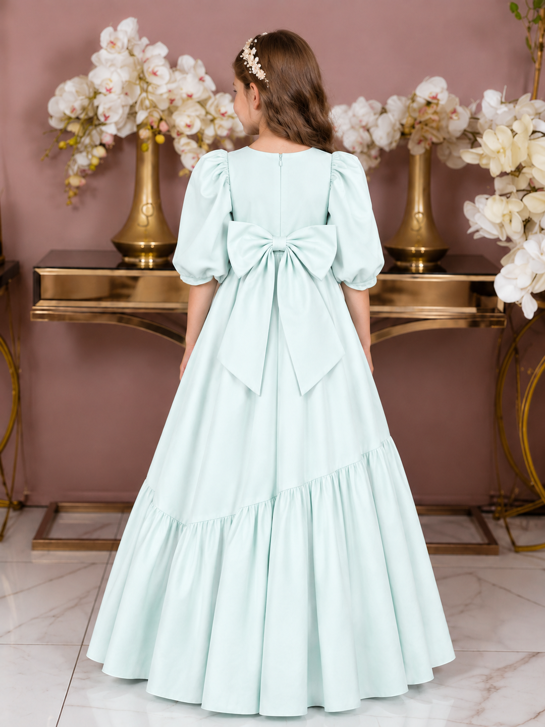 TinyTulle Mint Green Puff Sleeve Satin Flower Girl Dress with Oversized Bow