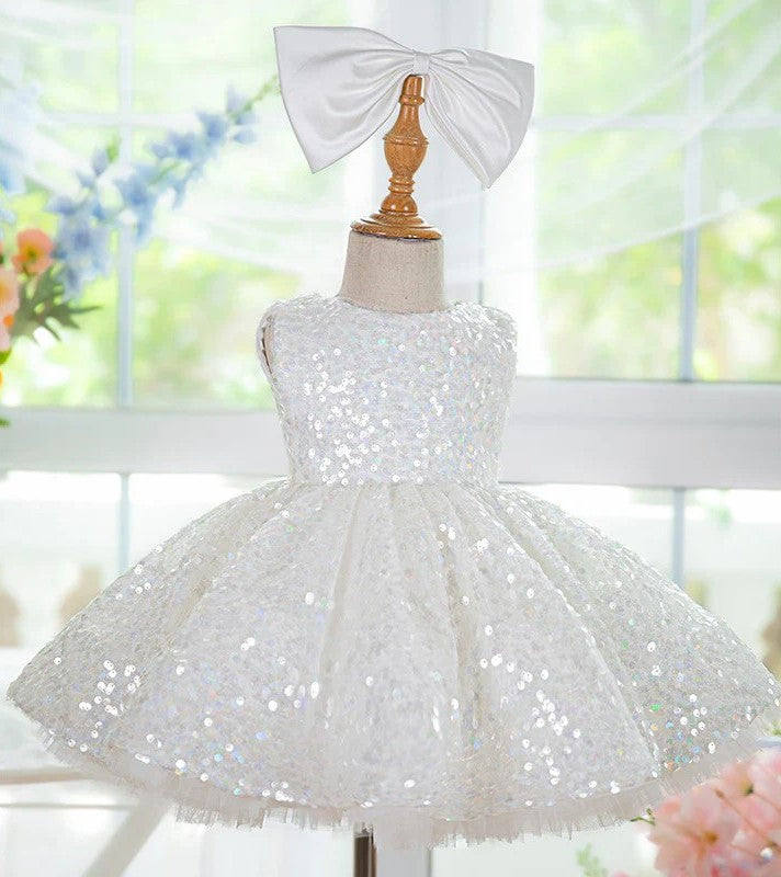 TinyTulle White Sequin Knee-Length Flower Girl Dress with Satin Bow