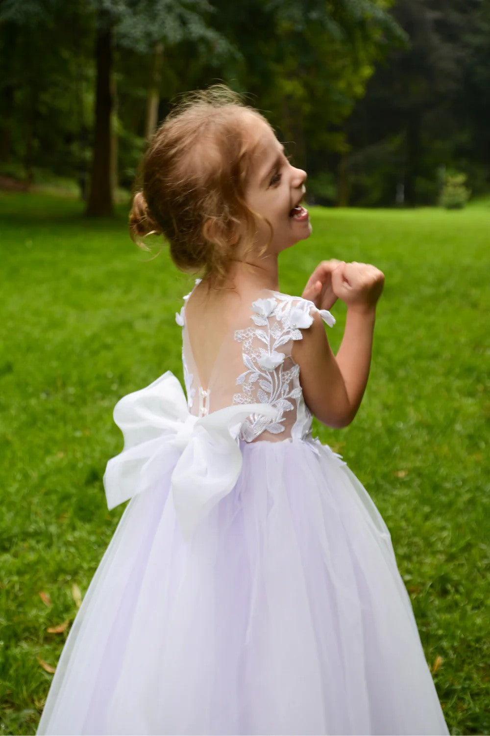 TinyTulle Elegant Light Lavender Floral Applique Tulle Flower Girl Dress for Wedding