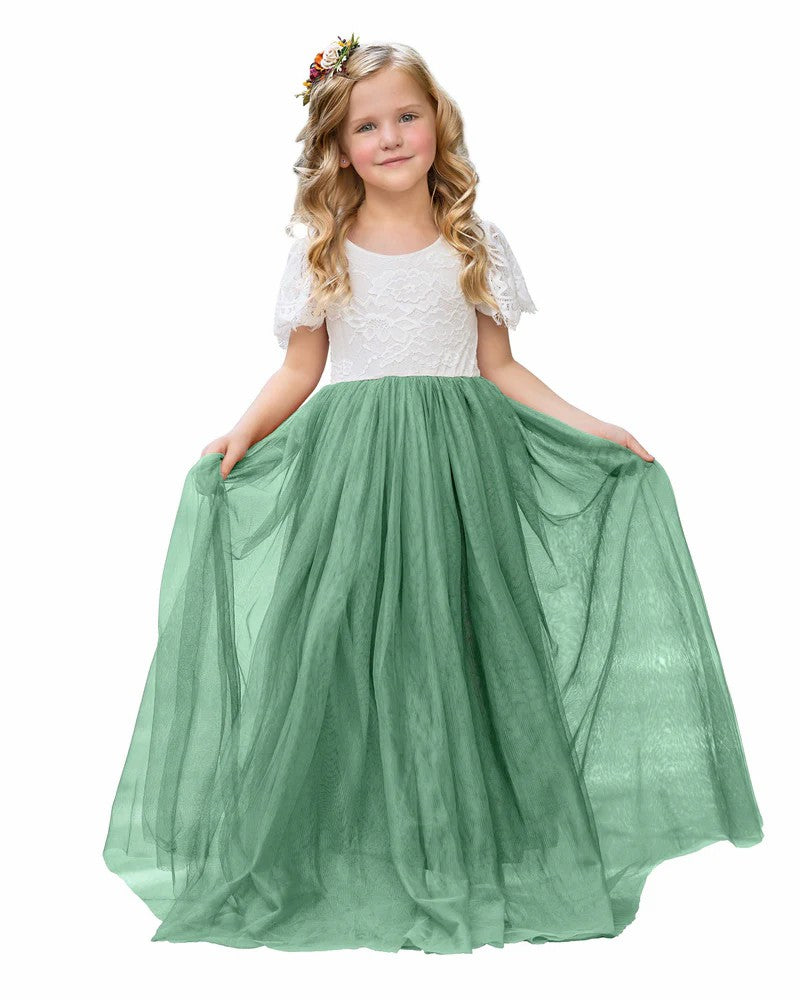 TinyTulle Elegant White Lace A-Line Long Tulle Flower Girl Dress