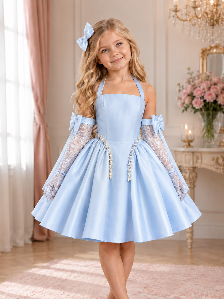 TinyTulle Pink Satin Flower Girl Dress with Lace Gloves, Pearl Trim &amp; Bow Details